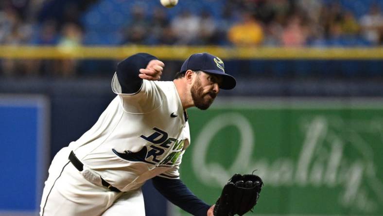 Mar 29, 2024; St. Petersburg, Florida, USA; Tampa Bay Rays starting pitcher Aaron Civale (34) throws a pitch in the first inning of the game against the Toronto Blue Jays at Tropicana Field. Mandatory Credit: Jonathan Dyer-USA TODAY Sports