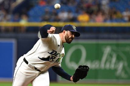 Mar 29, 2024; St. Petersburg, Florida, USA; Tampa Bay Rays starting pitcher Aaron Civale (34) throws a pitch in the first inning of the game against the Toronto Blue Jays at Tropicana Field. Mandatory Credit: Jonathan Dyer-USA TODAY Sports