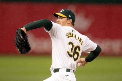 Mar 29, 2024; Oakland, California, USA; Oakland Athletics starting pitcher Ross Stripling (36) delivers a pitch against the Cleveland Guardians during the first inning at Oakland-Alameda County Coliseum. Mandatory Credit: D. Ross Cameron-USA TODAY Sports