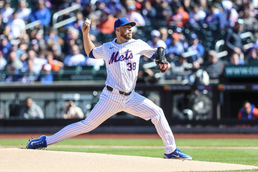 Mar 31, 2024; New York City, New York, USA;  New York Mets starting pitcher Tylor Megill (38) pitches in the first inning against the Milwaukee Brewers at Citi Field. Mandatory Credit: Wendell Cruz-USA TODAY Sports