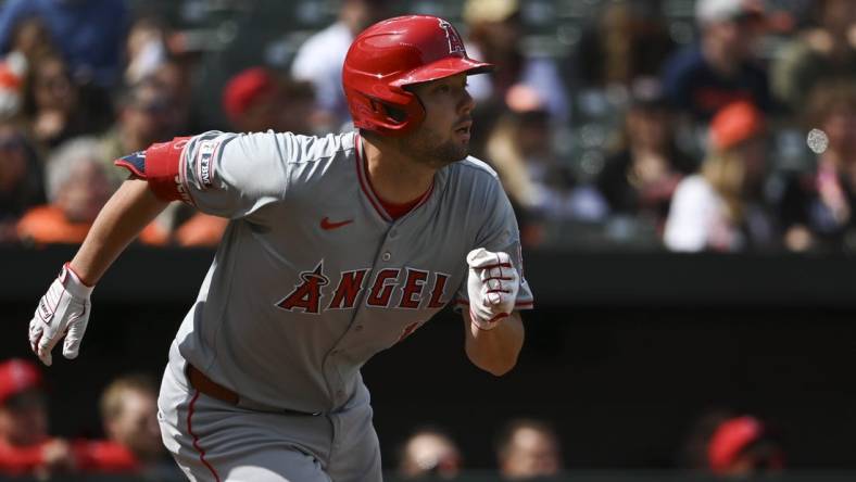 Mar 31, 2024; Baltimore, Maryland, USA;  Los Angeles Angels first baseman Nolan Schanuel (18) runs out a first inning single against the Baltimore Orioles at Oriole Park at Camden Yards. Mandatory Credit: Tommy Gilligan-USA TODAY Sports