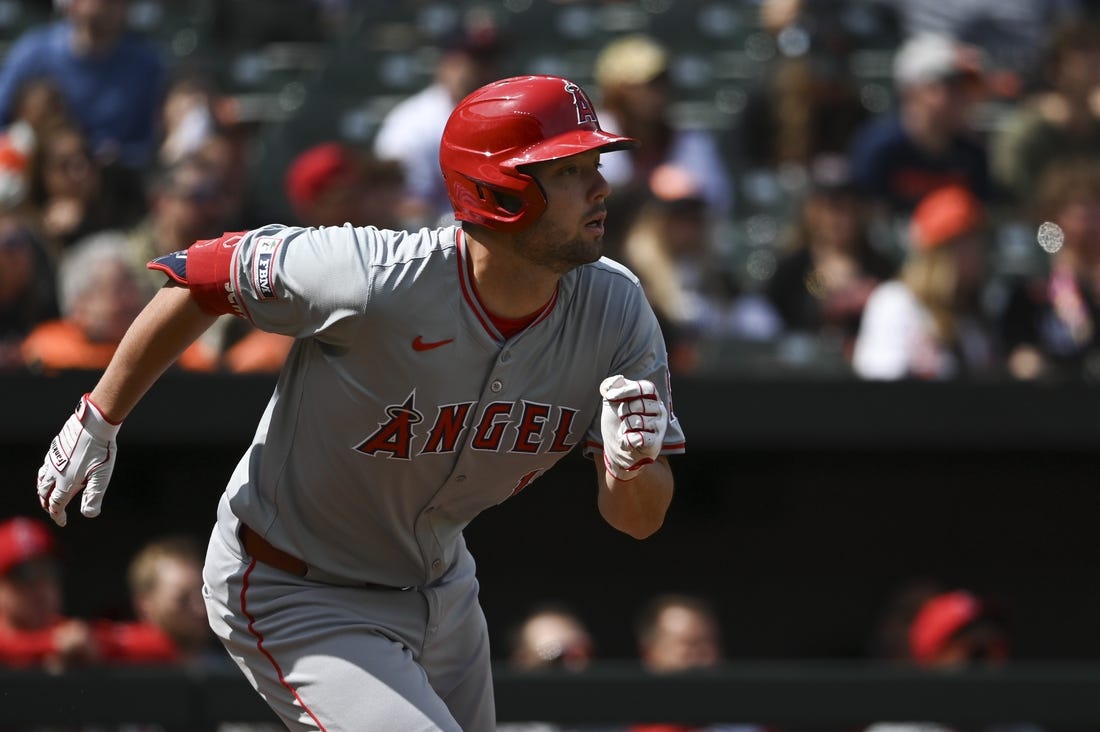 Mar 31, 2024; Baltimore, Maryland, USA;  Los Angeles Angels first baseman Nolan Schanuel (18) runs out a first inning single against the Baltimore Orioles at Oriole Park at Camden Yards. Mandatory Credit: Tommy Gilligan-USA TODAY Sports