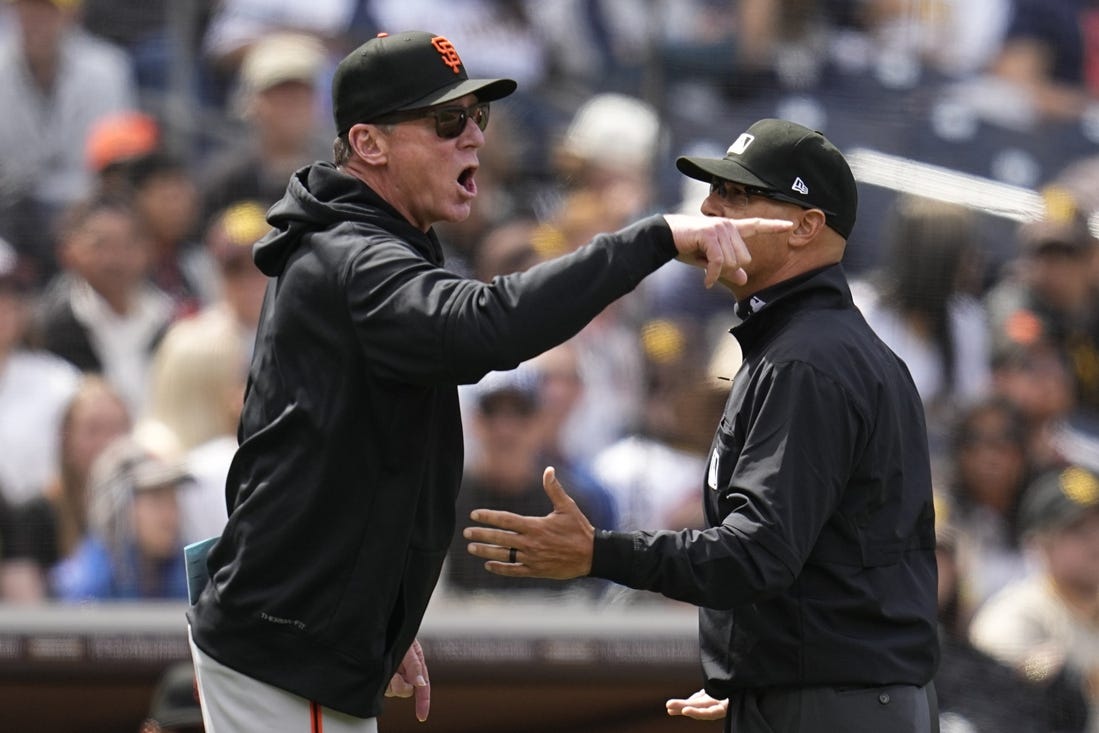 Mar 31, 2024; San Diego, California, USA; San Francisco Giants manager Bob Melvin (6) argues a call during the fourth inning against the San Diego Padres at Petco Park. Mandatory Credit: Ray Acevedo-USA TODAY Sports