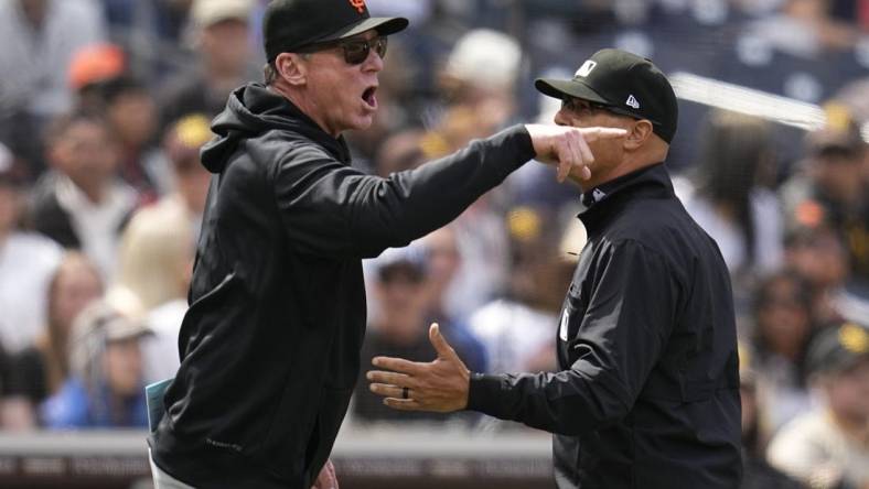 Mar 31, 2024; San Diego, California, USA; San Francisco Giants manager Bob Melvin (6) argues a call during the fourth inning against the San Diego Padres at Petco Park. Mandatory Credit: Ray Acevedo-USA TODAY Sports