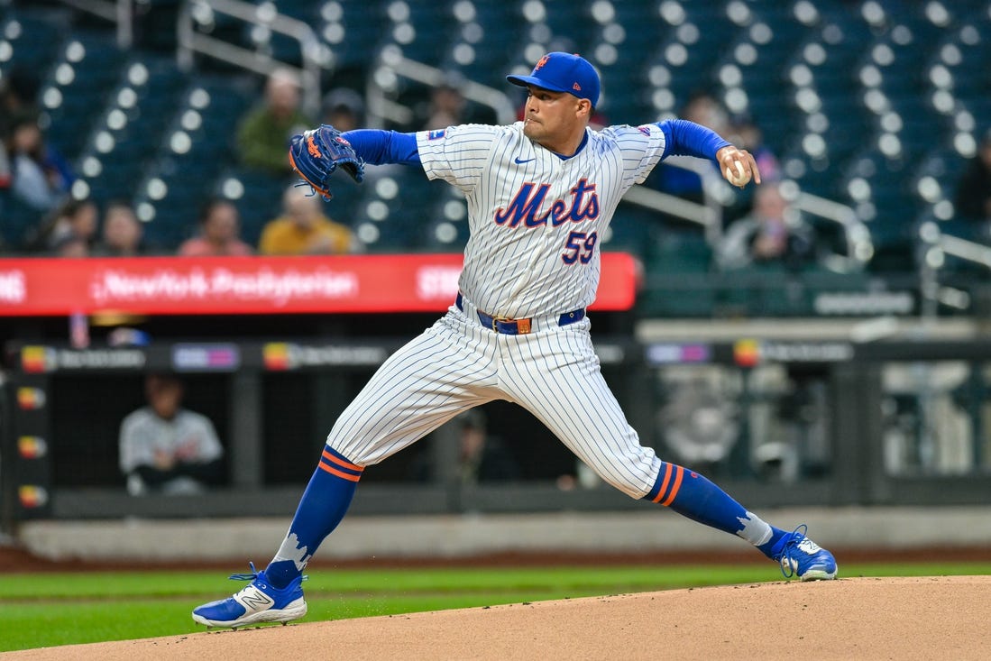 Apr 1, 2024; New York City, New York, USA; New York Mets pitcher Sean Manaea (59) pitches during the first inning against the Detroit Tigers at Citi Field. Mandatory Credit: John Jones-USA TODAY Sports