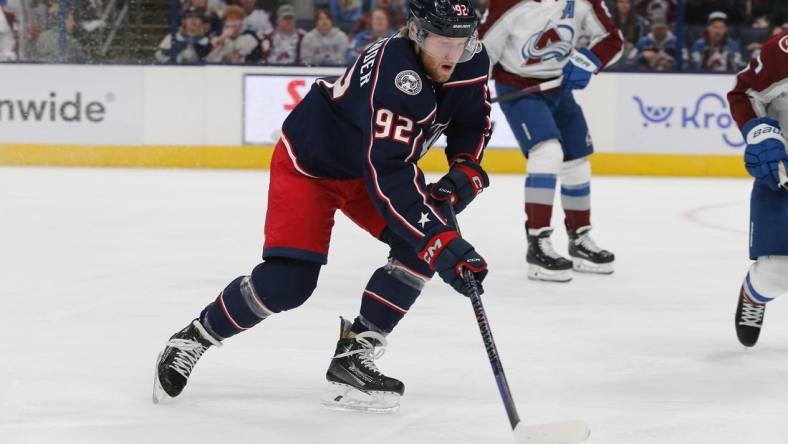 Apr 1, 2024; Columbus, Ohio, USA; Columbus Blue Jackets left wing Alexander Nylander (92) carries the puck against the Colorado Avalanche during the first period at Nationwide Arena. Mandatory Credit: Russell LaBounty-USA TODAY Sports