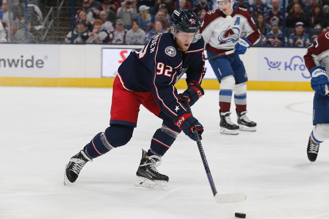 Apr 1, 2024; Columbus, Ohio, USA; Columbus Blue Jackets left wing Alexander Nylander (92) carries the puck against the Colorado Avalanche during the first period at Nationwide Arena. Mandatory Credit: Russell LaBounty-USA TODAY Sports