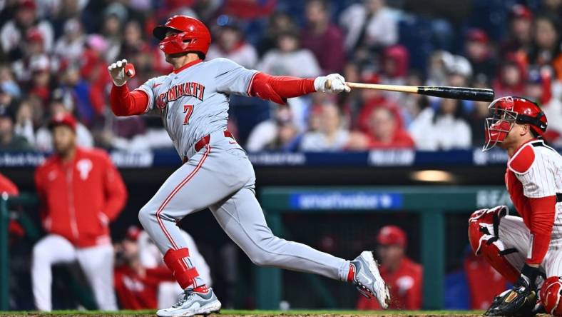 Apr 1, 2024; Philadelphia, Pennsylvania, USA; Cincinnati Reds outfielder Spencer Steer (7) hits a grand slam against the Philadelphia Phillies in the tenth inning at Citizens Bank Park. Mandatory Credit: Kyle Ross-USA TODAY Sports