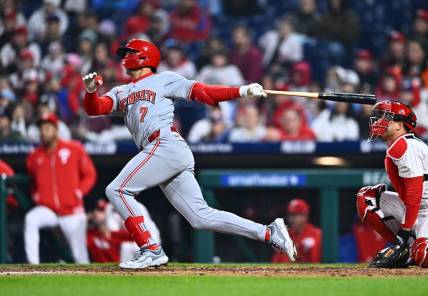 Apr 1, 2024; Philadelphia, Pennsylvania, USA; Cincinnati Reds outfielder Spencer Steer (7) hits a grand slam against the Philadelphia Phillies in the tenth inning at Citizens Bank Park. Mandatory Credit: Kyle Ross-USA TODAY Sports