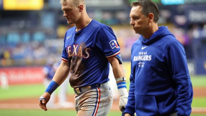 Apr 1, 2024; St. Petersburg, Florida, USA;  Texas Rangers third baseman Josh Jung (6) leaves the game against the Tampa Bay Rays in the ninth inning at Tropicana Field. Mandatory Credit: Nathan Ray Seebeck-USA TODAY Sports