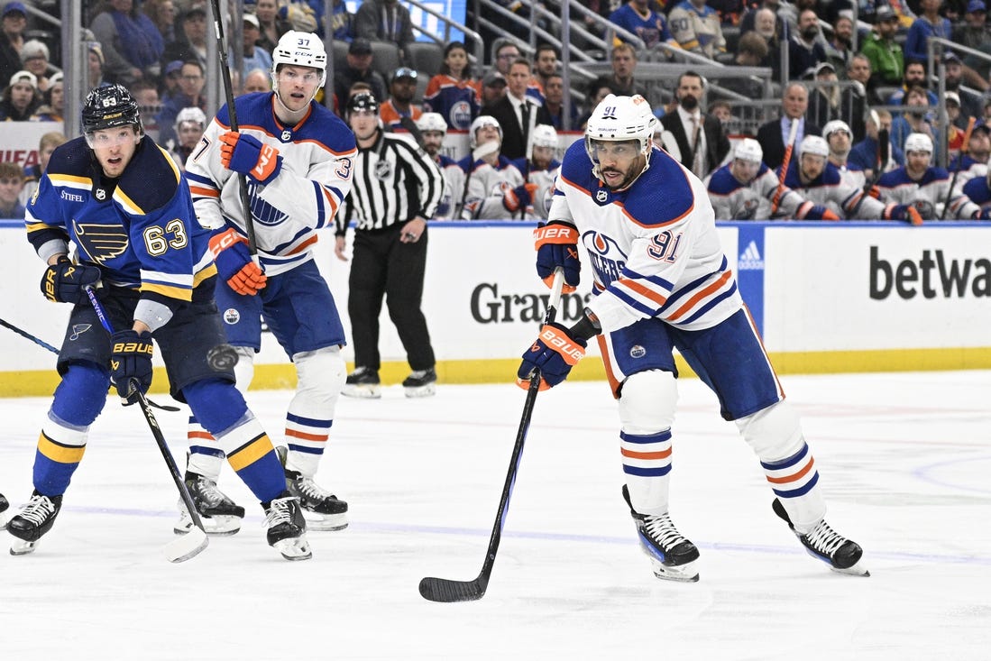 Apr 1, 2024; St. Louis, Missouri, USA; Edmonton Oilers left wing Evander Kane (91) skates against the St. Louis Blues during the first period at Enterprise Center. Mandatory Credit: Jeff Le-USA TODAY Sports