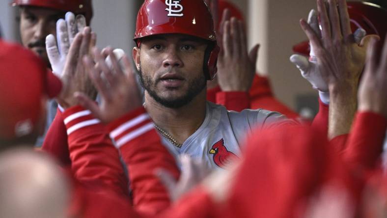 Apr 1, 2024; San Diego, California, USA; St. Louis Cardinals catcher Willson Contreras (40) is congratulated in the dugout after hitting a two-run home run against the San Diego Padres during the first inning at Petco Park. Mandatory Credit: Orlando Ramirez-USA TODAY Sports