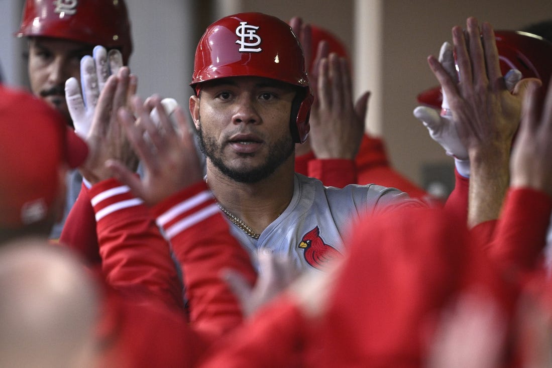 Apr 1, 2024; San Diego, California, USA; St. Louis Cardinals catcher Willson Contreras (40) is congratulated in the dugout after hitting a two-run home run against the San Diego Padres during the first inning at Petco Park. Mandatory Credit: Orlando Ramirez-USA TODAY Sports