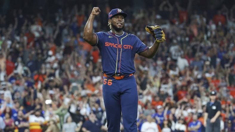 Apr 1, 2024; Houston, Texas, USA; Houston Astros starting pitcher Ronel Blanco (56) reacts after pitching a no-hitter against the Toronto Blue Jays at Minute Maid Park. Mandatory Credit: Troy Taormina-USA TODAY Sports