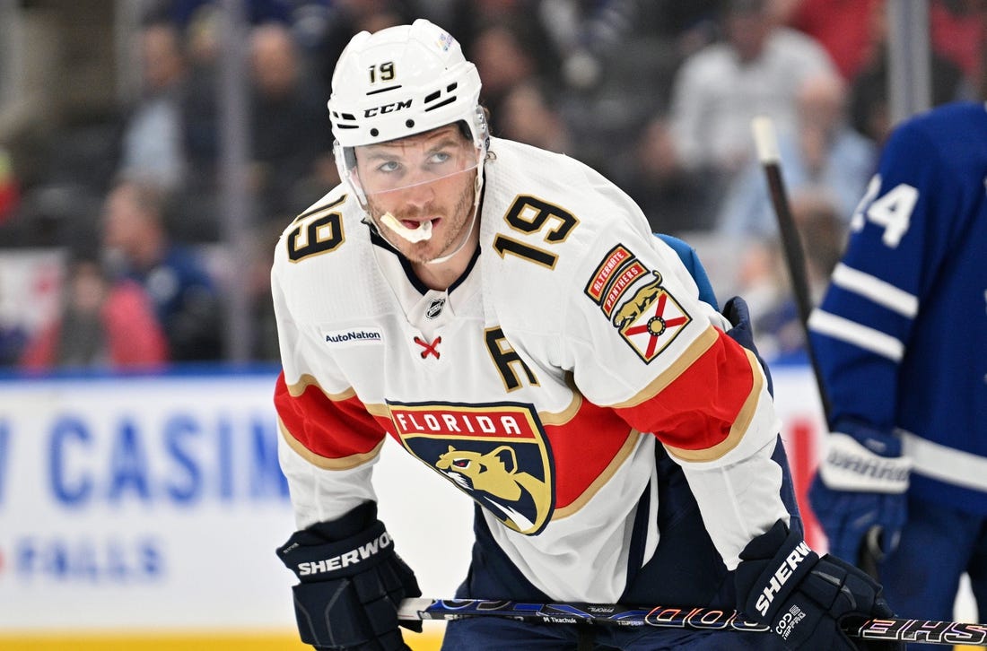 Apr 1, 2024; Toronto, Ontario, CAN; Florida Panthers forward Matthew Tkachuk (19) waits for a faceoff against the Toronto Maple Leafs in the third period at Scotiabank Arena. Mandatory Credit: Dan Hamilton-USA TODAY Sports