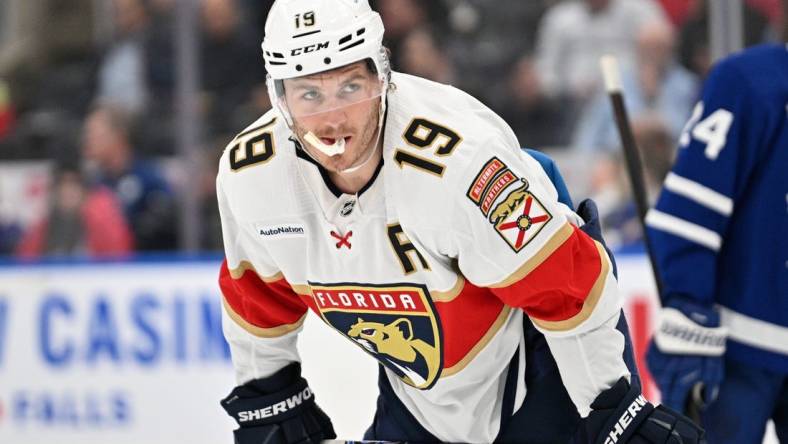 Apr 1, 2024; Toronto, Ontario, CAN; Florida Panthers forward Matthew Tkachuk (19) waits for a faceoff against the Toronto Maple Leafs in the third period at Scotiabank Arena. Mandatory Credit: Dan Hamilton-USA TODAY Sports