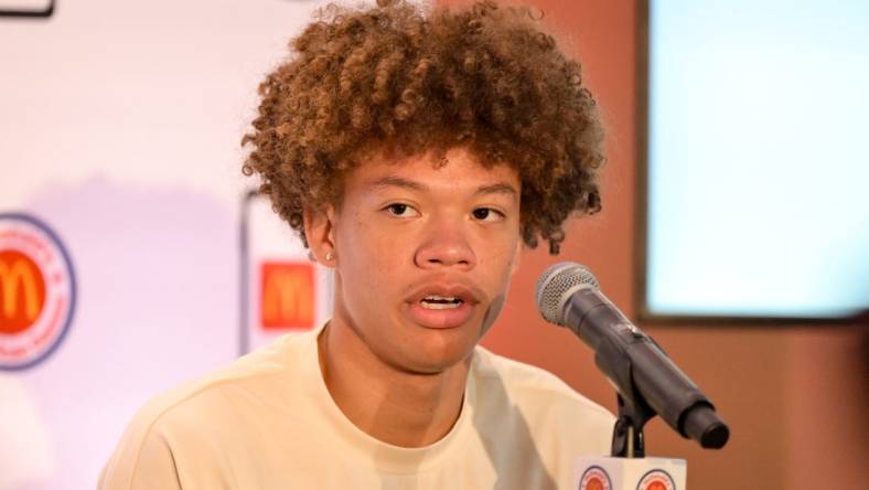 Apr 1, 2024; Houston, TX, USA; McDonald's All American West guard Trent Perry speaks during a press conference at JW Marriott Houston by The Galleria. Mandatory Credit: Maria Lysaker-USA TODAY Sports