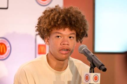 Apr 1, 2024; Houston, TX, USA; McDonald's All American West guard Trent Perry speaks during a press conference at JW Marriott Houston by The Galleria. Mandatory Credit: Maria Lysaker-USA TODAY Sports