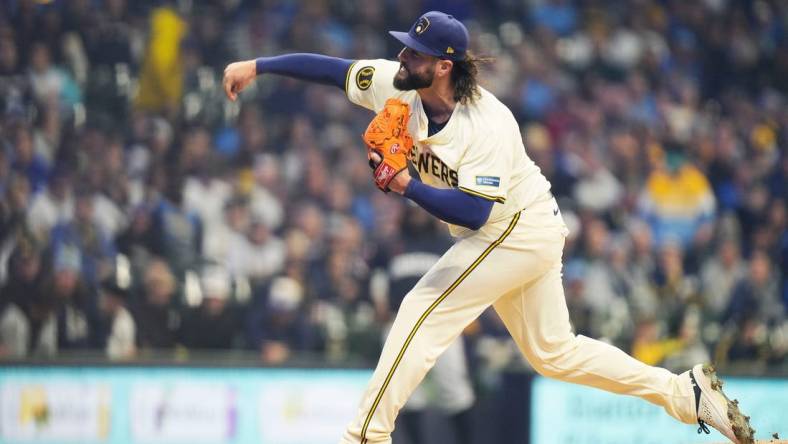 Milwaukee Brewers starting pitcher Jakob Junis (35) pitches during the first inning of the game against the Minnesota Twins on Tuesday April 2, 2024 at American Family Field in Milwaukee, Wis.