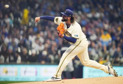Milwaukee Brewers starting pitcher Jakob Junis (35) pitches during the first inning of the game against the Minnesota Twins on Tuesday April 2, 2024 at American Family Field in Milwaukee, Wis.