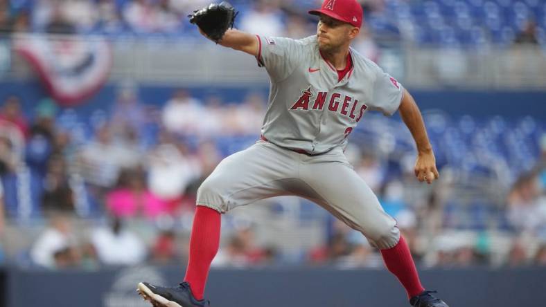 Apr 2, 2024; Miami, Florida, USA; Los Angeles Angels starting pitcher Tyler Anderson (31) pitches in the first inning against the Miami Marlins at loanDepot Park. Mandatory Credit: Jim Rassol-USA TODAY Sports