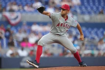 Apr 2, 2024; Miami, Florida, USA; Los Angeles Angels starting pitcher Tyler Anderson (31) pitches in the first inning against the Miami Marlins at loanDepot Park. Mandatory Credit: Jim Rassol-USA TODAY Sports
