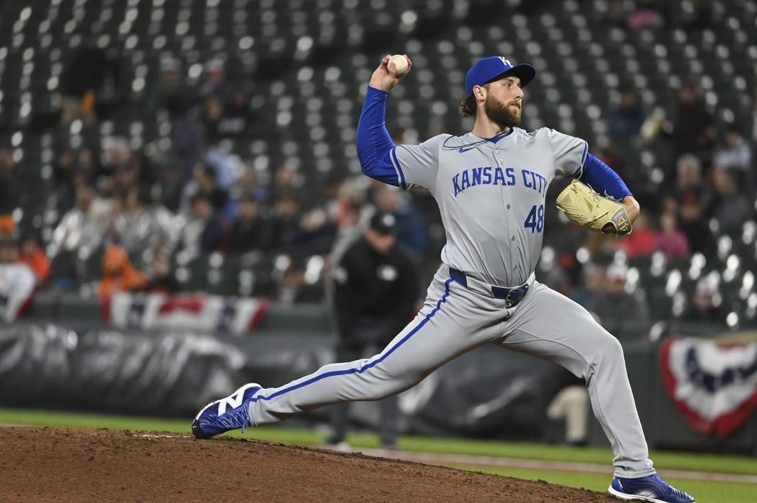 Apr 2, 2024; Baltimore, Maryland, USA;  Kansas City Royals starting pitcher Alec Marsh (48) throws a third inning pitch against the Baltimore Orioles at Oriole Park at Camden Yards. Mandatory Credit: Tommy Gilligan-USA TODAY Sports