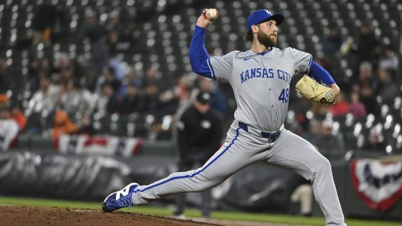 Apr 2, 2024; Baltimore, Maryland, USA;  Kansas City Royals starting pitcher Alec Marsh (48) throws a third inning pitch against the Baltimore Orioles at Oriole Park at Camden Yards. Mandatory Credit: Tommy Gilligan-USA TODAY Sports