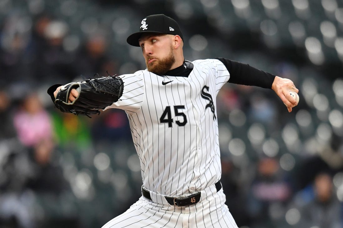 Apr 2, 2024; Chicago, Illinois, USA; Chicago White Sox starting pitcher Garrett Crochet (45) pitches during the first inning against the Atlanta Braves at Guaranteed Rate Field. Mandatory Credit: Patrick Gorski-USA TODAY Sports