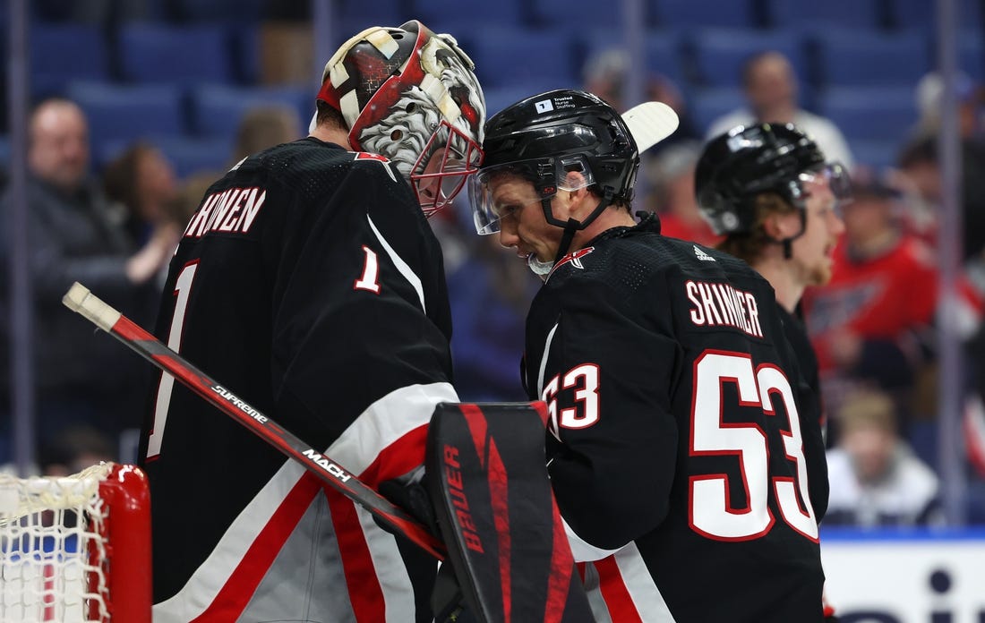 Apr 2, 2024; Buffalo, New York, USA;  Buffalo Sabres goaltender Ukko-Pekka Luukkonen (1) and left wing Jeff Skinner (53) celebrate a win over the Washington Capitals at KeyBank Center. Mandatory Credit: Timothy T. Ludwig-USA TODAY Sports