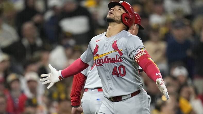 Apr 2, 2024; San Diego, California, USA;  St. Louis Cardinals catcher Willson Contreras (40) rounds the bases after his home run against the San Diego Padres during the sixth inning at Petco Park. Mandatory Credit: Ray Acevedo-USA TODAY Sports