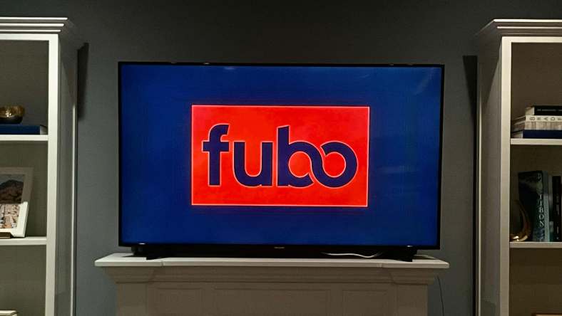 Fubo logo on a TV in someones living room