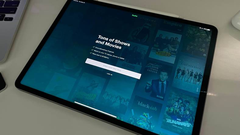 Hulu free trial screen on an iPad sitting on a desk