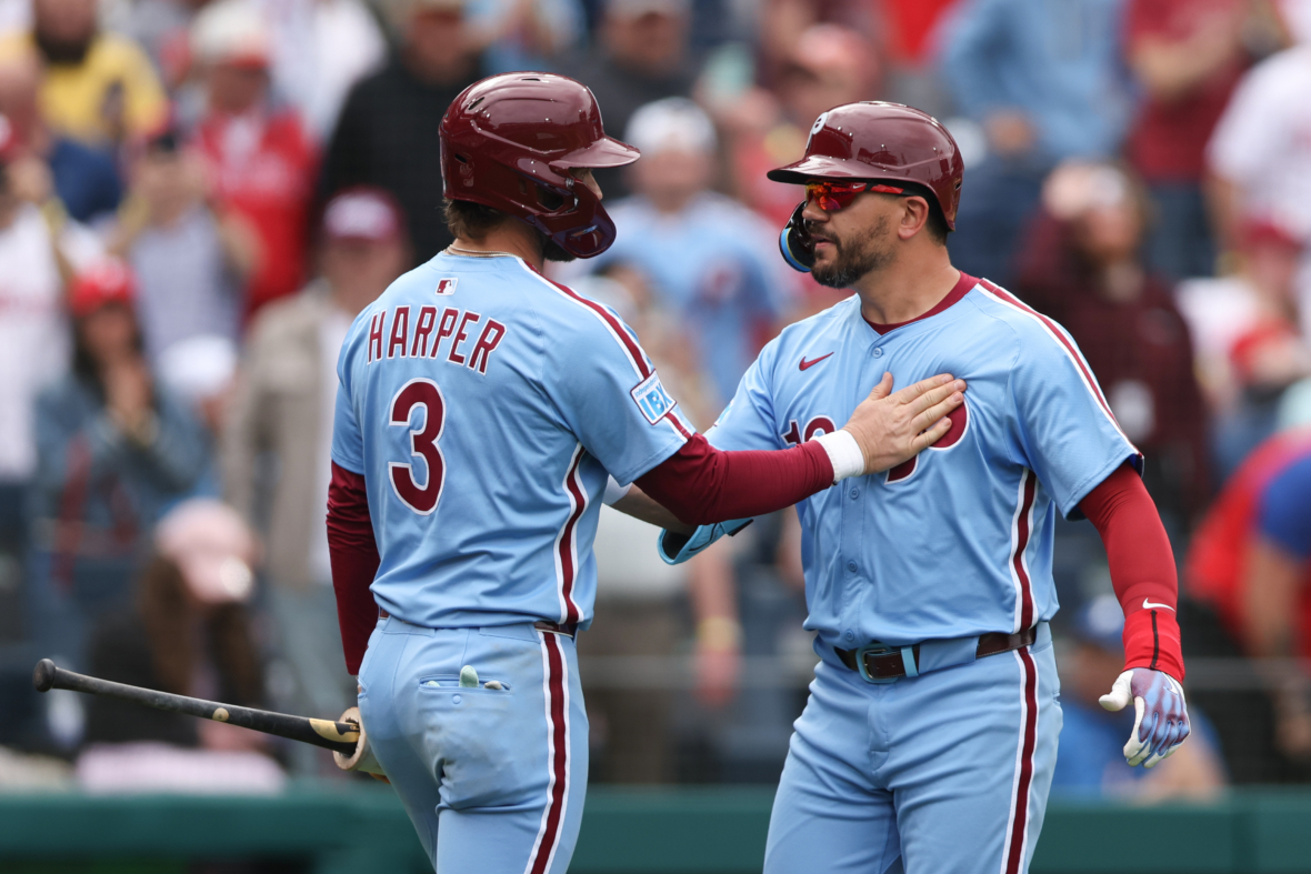 Philadelphia Phillies players Bryce Harper and Kyle Schwarber