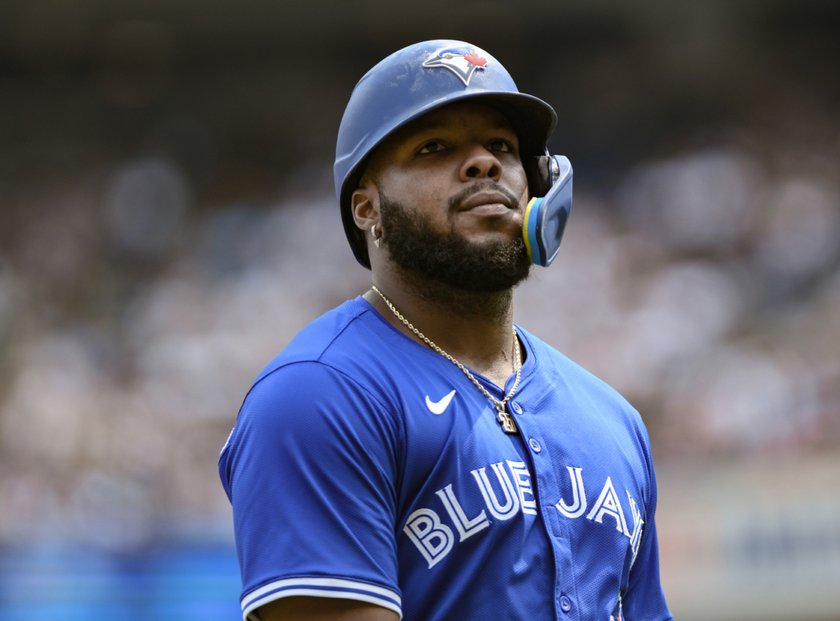 MLB: Vladimir Guerrero Jr. , Toronto Blue Jays, looks on after at-bat vs. New York Yankees