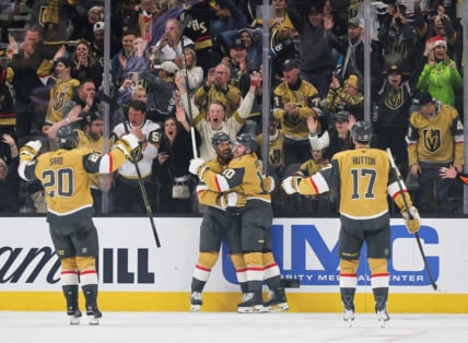 The Vegas Golden Knights celebrate scoring a first-period goal against the San Jose Sharks 12/23/2025 (Photo/Screenshot- Vegas Golden Knights via Twitter)