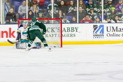 Boston Fleet forward Alina Müller scores the shootout game-winner against New York Sirens goalie Kayle Osborne.