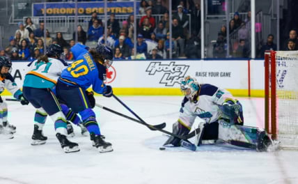 New York Sirens goalie Kayle Osborne makes a save on Toronto Sceptres forward Blayre Turnbull.